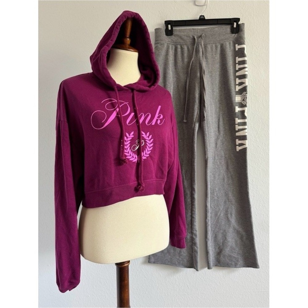 Pink Victoria's Secret Purple Cropped Hoodie with Flare Sweatpants Size Small